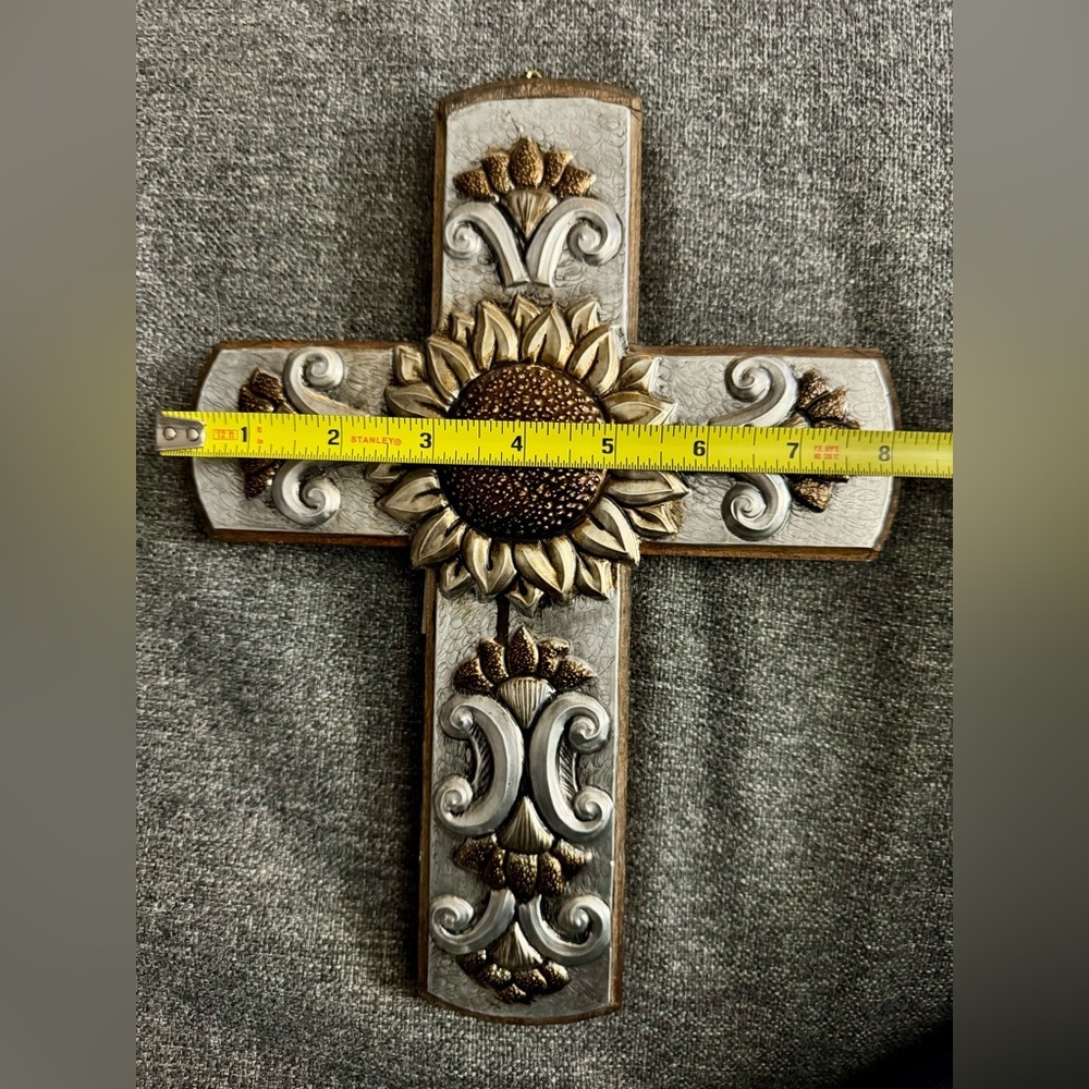 Handmade Mexican Decorative Wall Cross with Tooled Metal Wood Sunflower Design - Picture 6 of 6